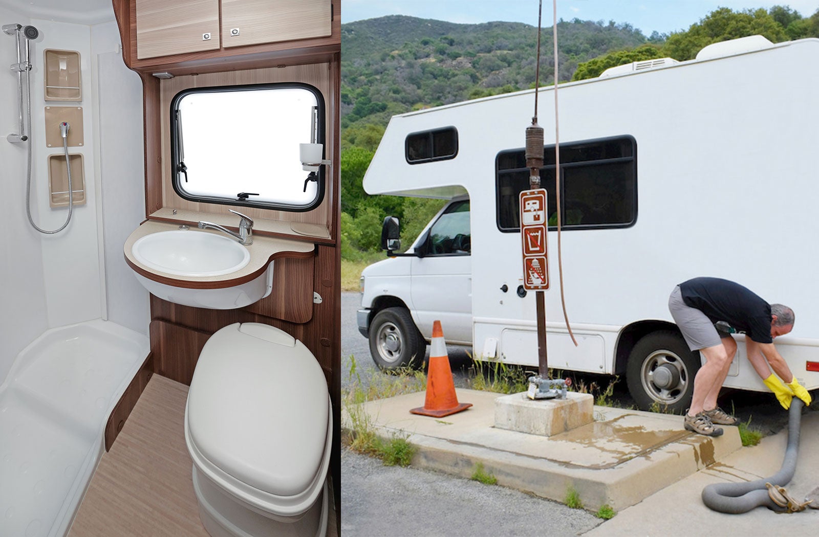 Portable RV/camper toilet and holding tank setup in Chino Hills, California