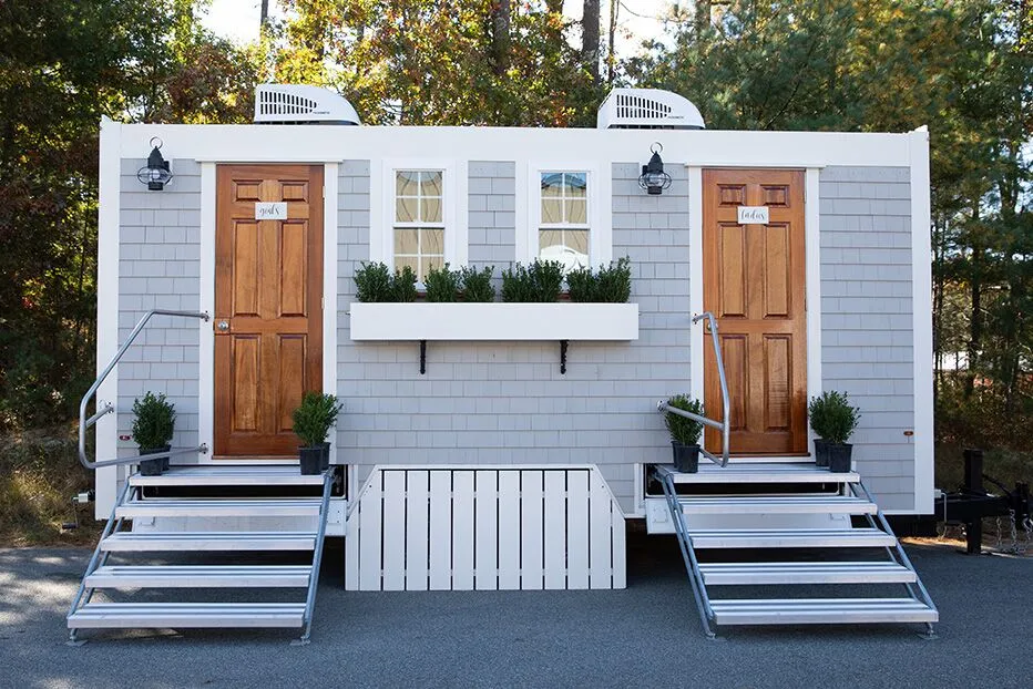 Wedding restroom units discretely staged at a venue in Chino Hills, California